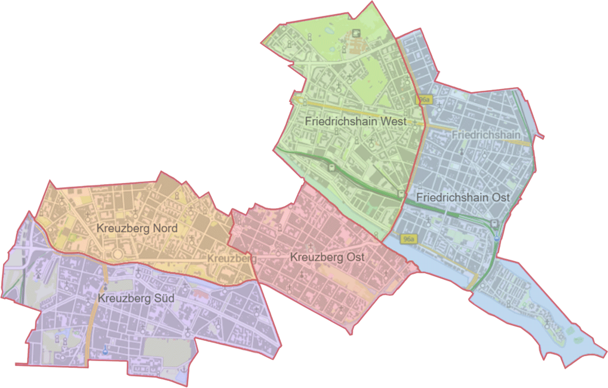 Karte Friedrichshain-Kreuzberg mit Gebietsgrenzen